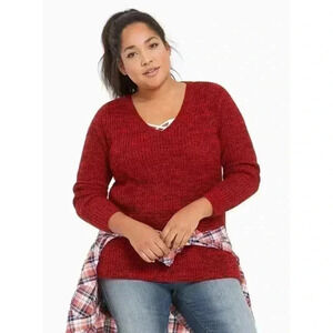 Torrid | Red & Black Heather Tunic V-neck Sweater